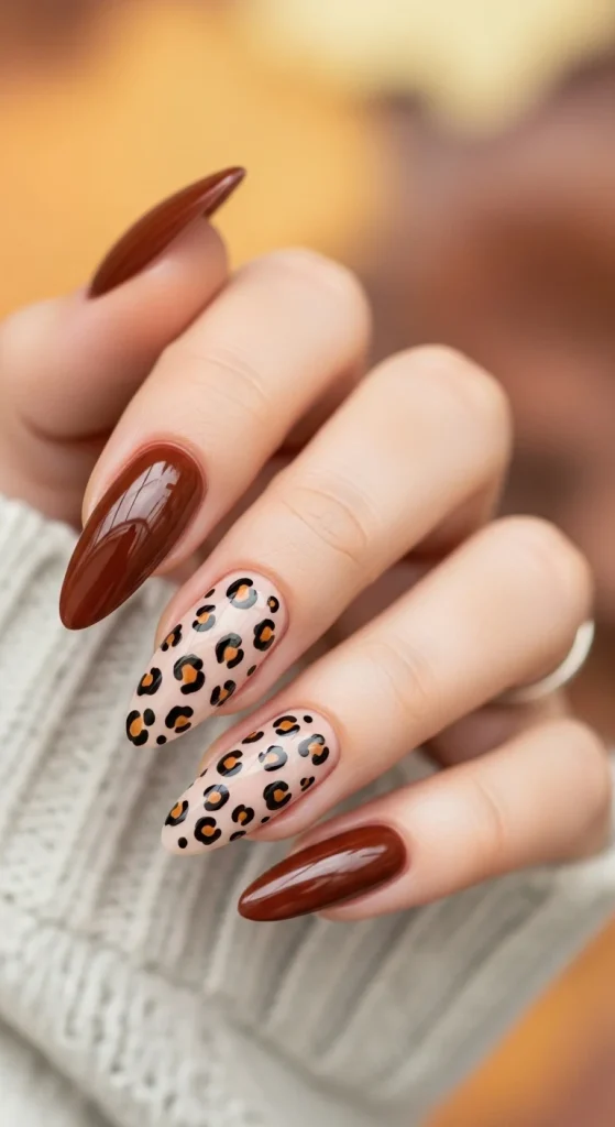 Glossy chocolate brown nails with leopard accent design for Fall 2025.