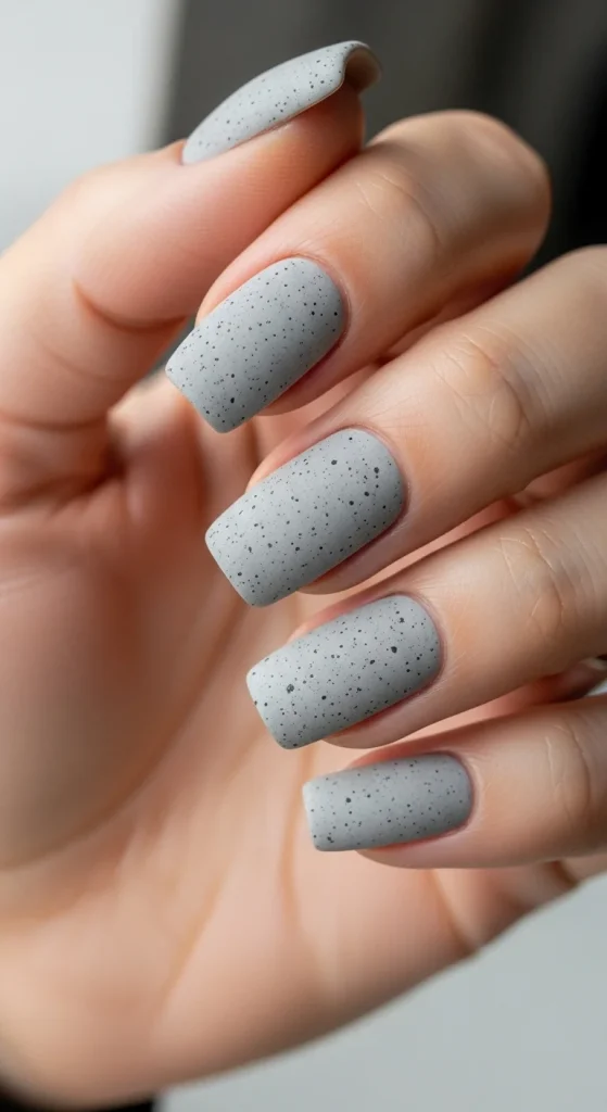 Concrete grey speckled nails, modern fall 2025 style.