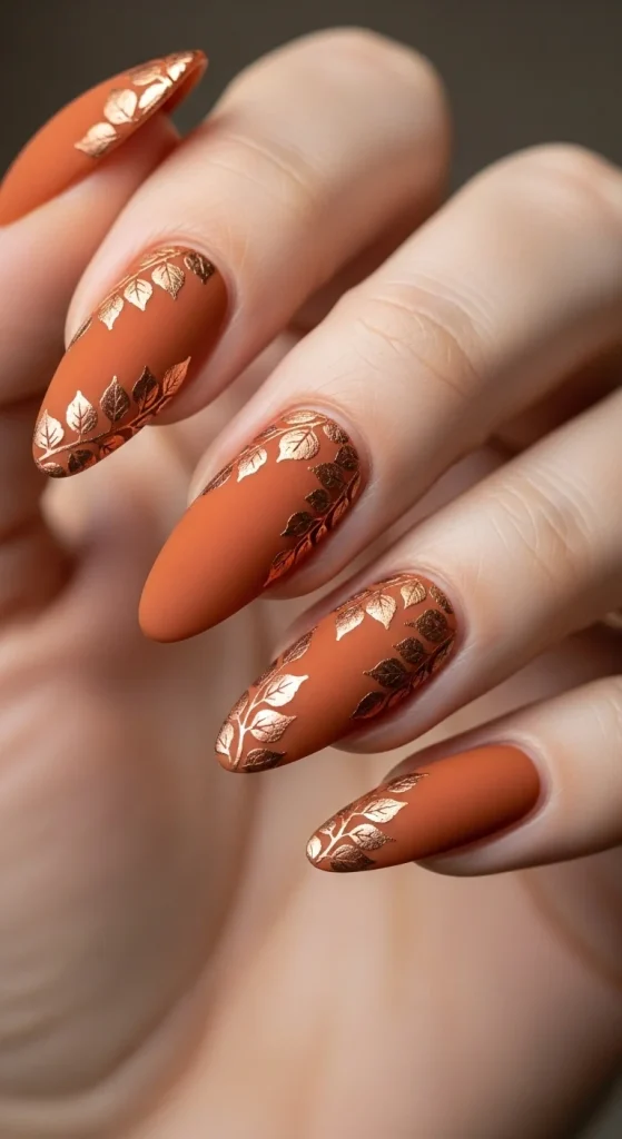 25 Fall Matte Nails 2026 | Trendy Autumn Colors & Velvet Chic Ideas 12 Matte burnt sienna nails with copper leaf outline art