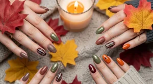 Cozy October nails designs in autumn shades of mocha, burgundy, olive, and pumpkin with sweater textures, plaid accents, and gold foil details.