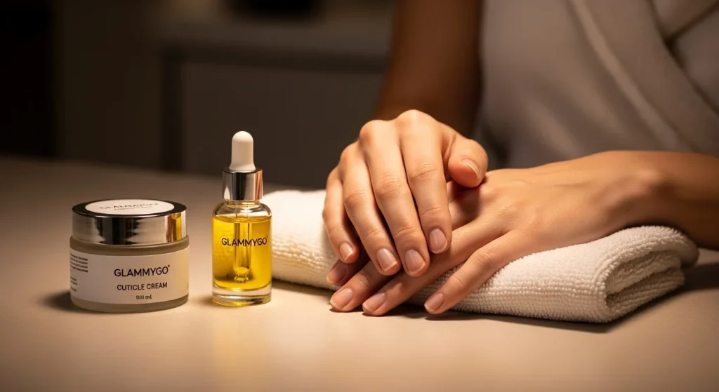 Cuticle Care 101: Oils, Creams & Habits for Stronger Nails 5 Cozy spa scene: warm towel wrap around hands, cuticle cream jar and oil dropper with GLAMMYGO branding. Neutral beige setting.