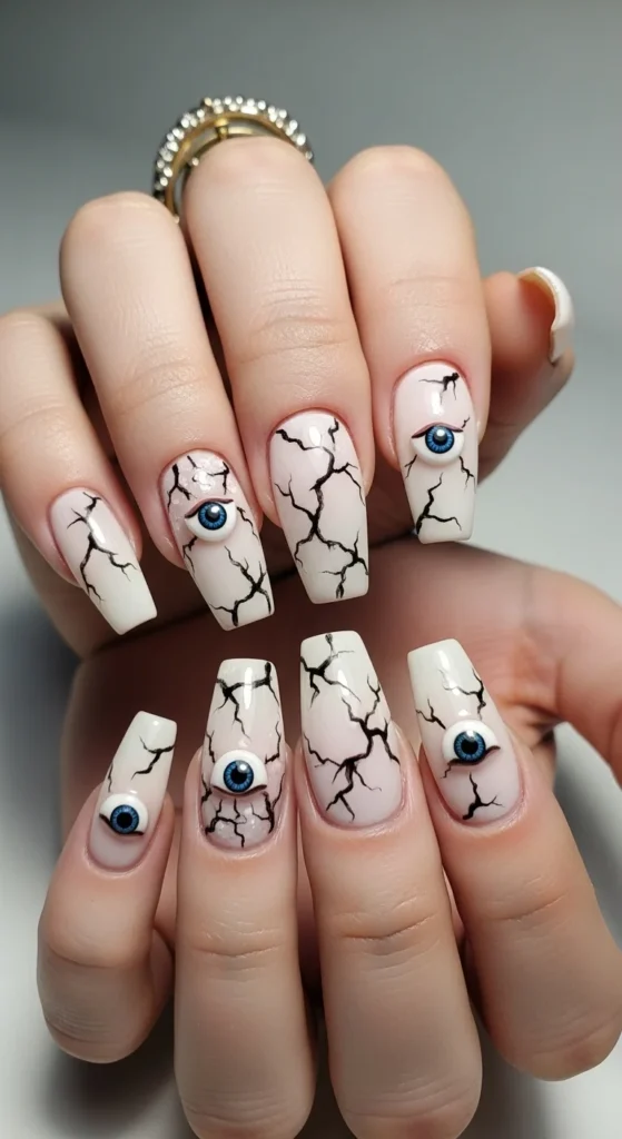 Nude and black nails with cracked porcelain effect and eerie doll details.