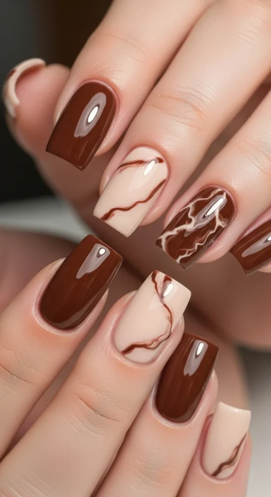Chocolate marble short nails, trending fall nail design 2025.