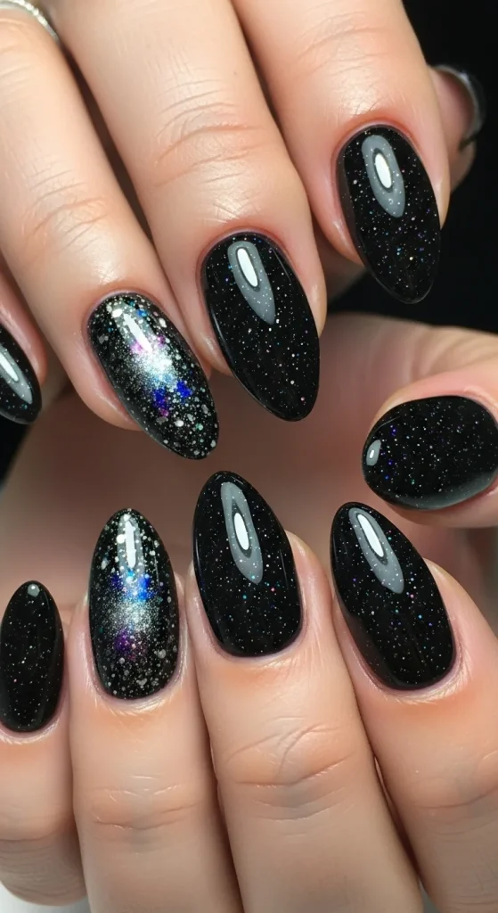 Almond nails in black galaxy sparkle polish.
