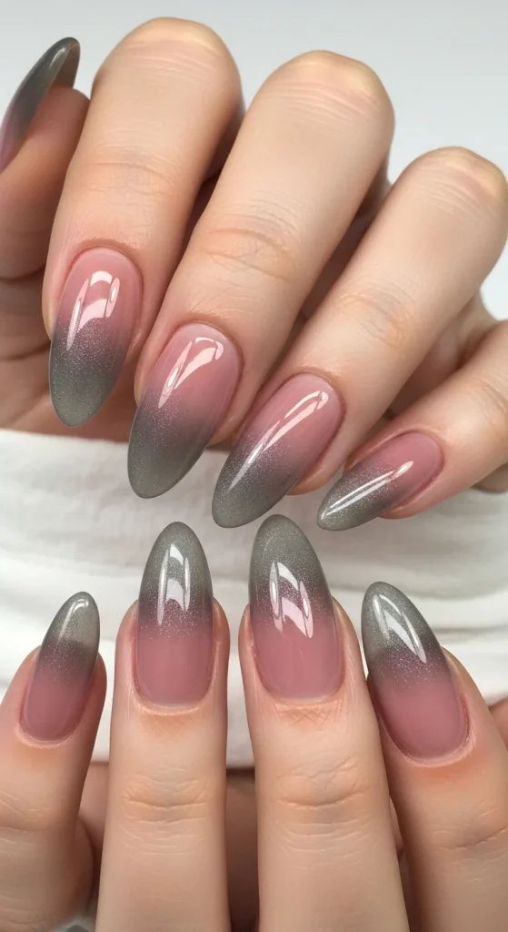 Almond nails with dusty rose and smoky grey glaze.