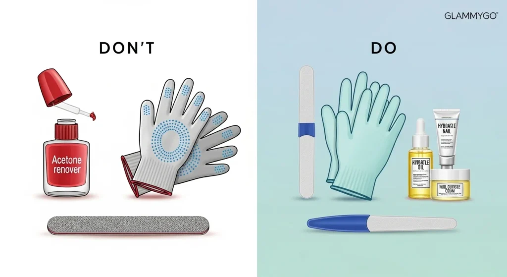 A split-screen educational graphic: left side shows common causes—acetone bottle, dish gloves off, rough nail file; right side shows protective habits—gloves, fine-grit file, hydrating oils. Clean infographic style with “Do / Don’t” labels, branded with GLAMMYGO logo in corner.