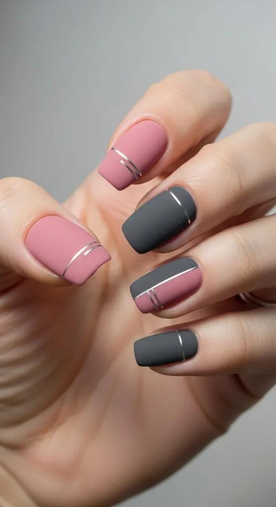 20 Chic September Nail Designs for 2026 That Capture Fall’s First Glow 6 Dusky rose and charcoal matte nails with silver lines.