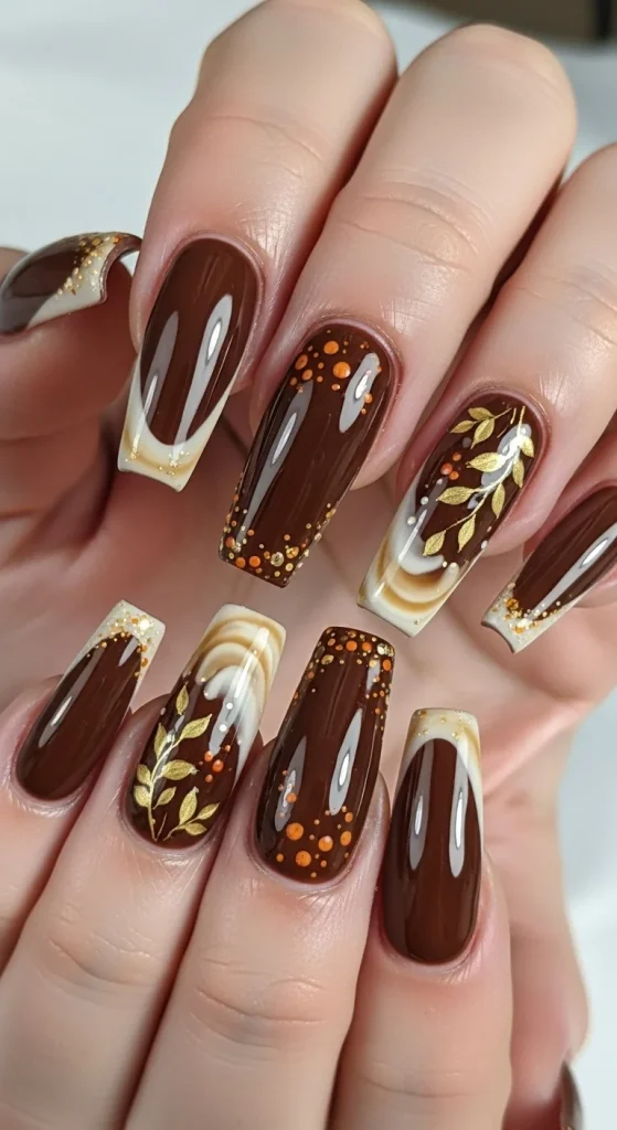 20 Chic September Nail Designs for 2026 That Capture Fall’s First Glow 14 Espresso brown nails with latte swirl tips.