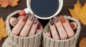 Fall 2025 animal print nails featuring a mix of leopard, tortoiseshell, and tiger stripe designs in autumn colors like mocha, burgundy, olive, and pumpkin orange. Styled with cozy sweater and fall décor for a chic seasonal manicure look.
