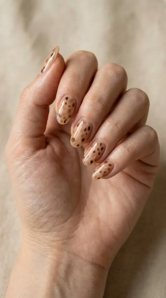 September Nails Inspiration: 13 Must-Try Manis That Scream Summer’s Final Glow 6 Fawn print jelly nails with delicate brown spots on a sheer caramel base