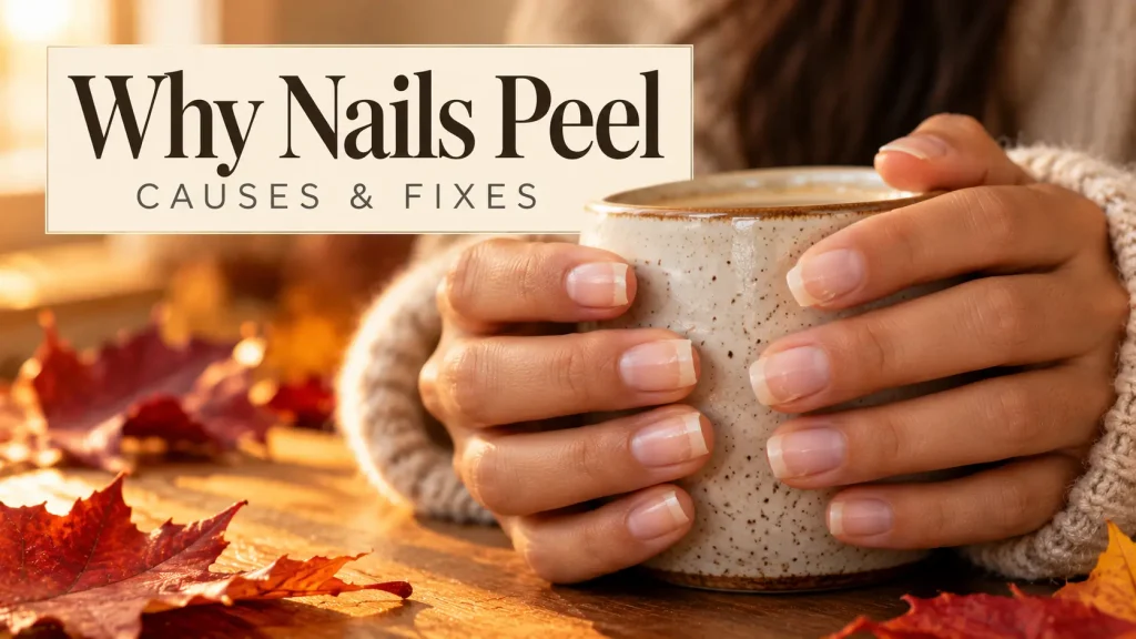 Why Do My Nails Peel in Layers? Causes & Fixes (2026 Guide) 25 Hands with short natural nails and slightly flaky tips holding a ceramic mug on a wooden table with autumn leaves