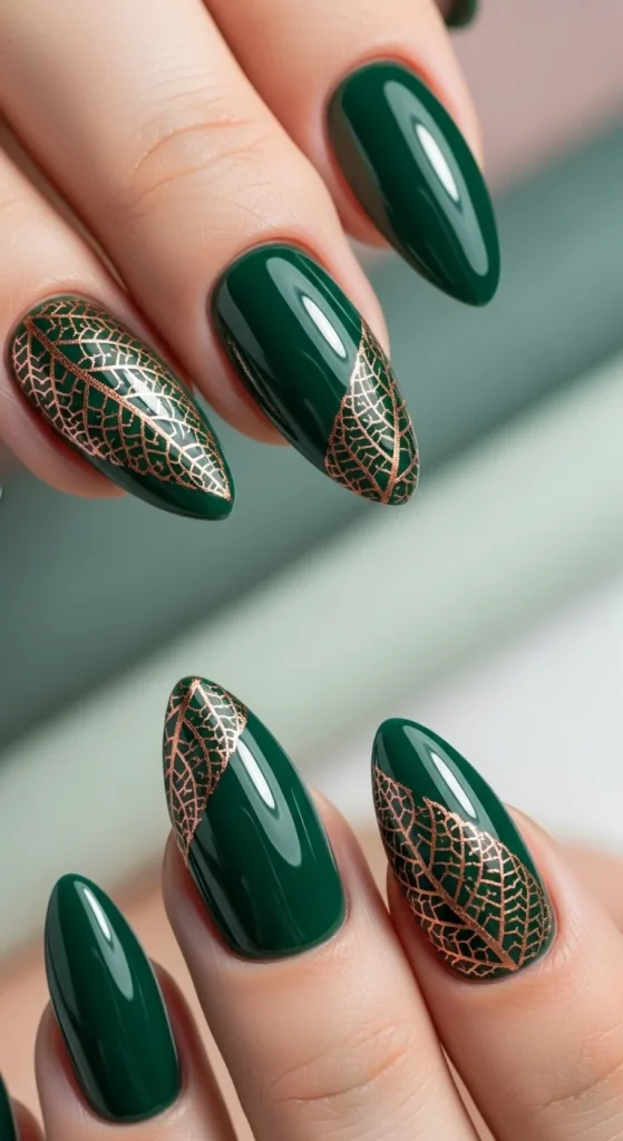 20 Chic September Nail Designs for 2026 That Capture Fall’s First Glow 3 Forest green nails with copper leaf vein accents.