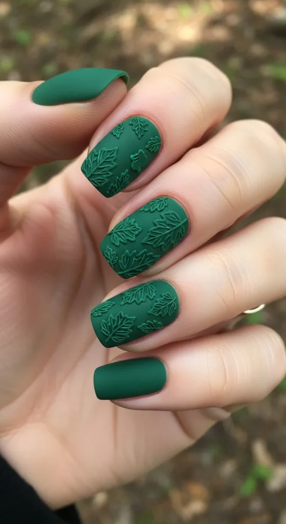 Matte forest green nails with embossed leaf texture accents