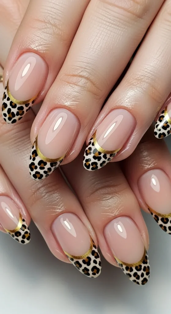 Nude French manicure with leopard smile line and gold outline for a chic fall look.