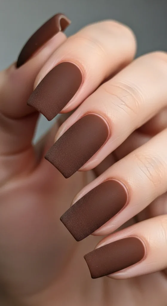 Square nails with matte frosted espresso brown polish.