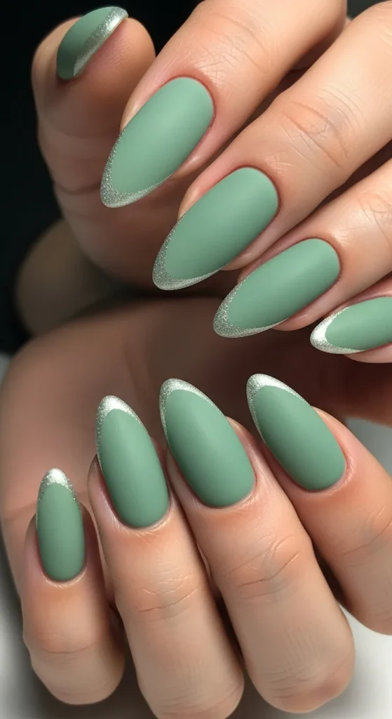 20 Chic September Nail Designs for 2026 That Capture Fall’s First Glow 12 Frosted sage nails with silver outline accents.