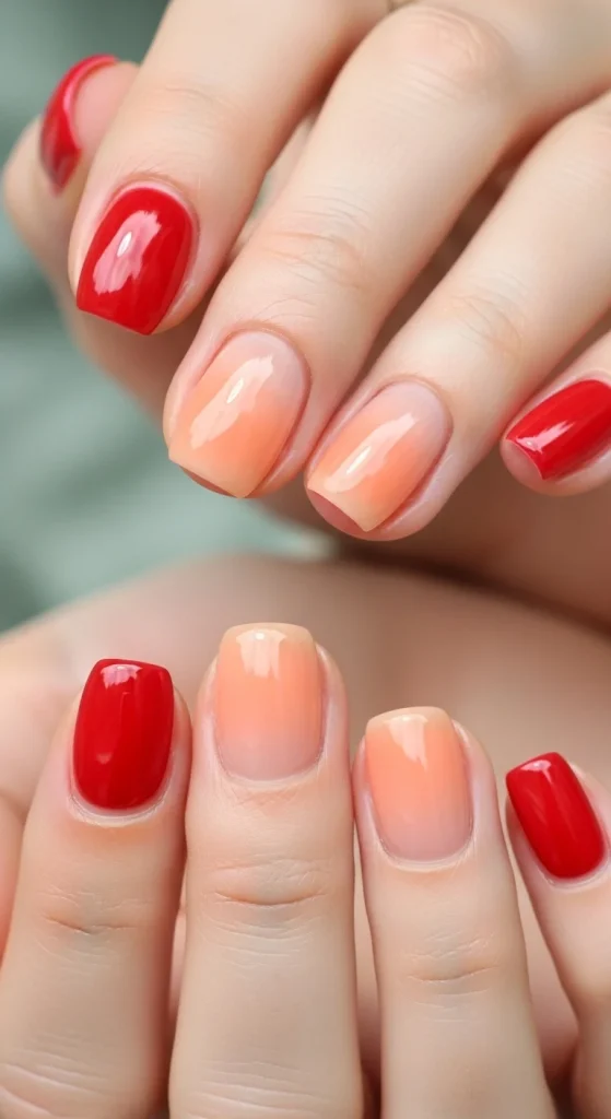 Cherry red and peach translucent fruit water nails with glossy finish, nail trends 2026.
