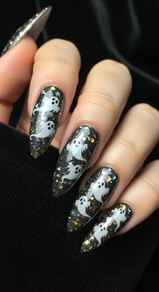 Ghost-glow chrome Halloween nails — dark chrome with floating translucent ghost shapes and glitter shards