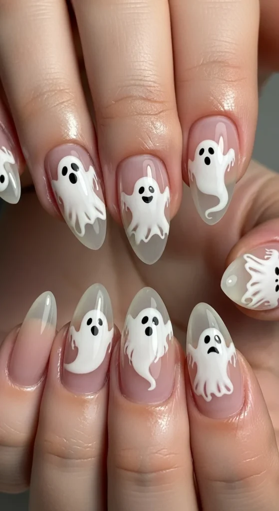 Sheer almond nails with shapes, negative space left clear