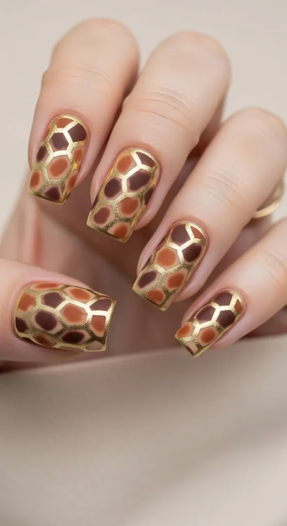  Giraffe print nails with gold detailing for fall 2025.