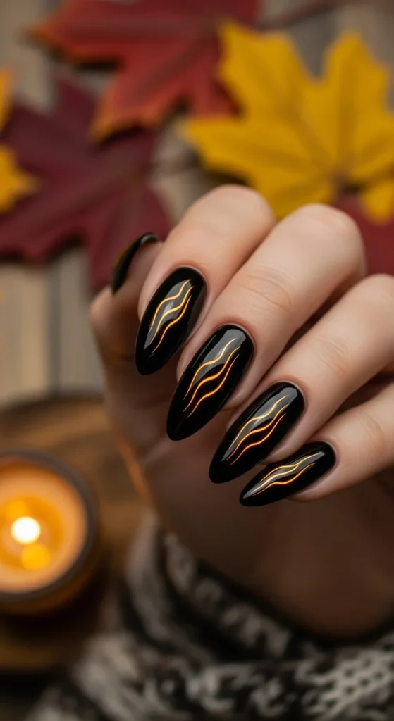 Black Fall Nails 2026: 19 Trendy Designs You’ll Love 4 Glossy almond black nails reflecting candlelight in a fall dinner setting.