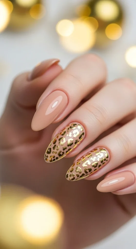 Nude nails with gold foil leopard accents for a glamorous fall manicure.