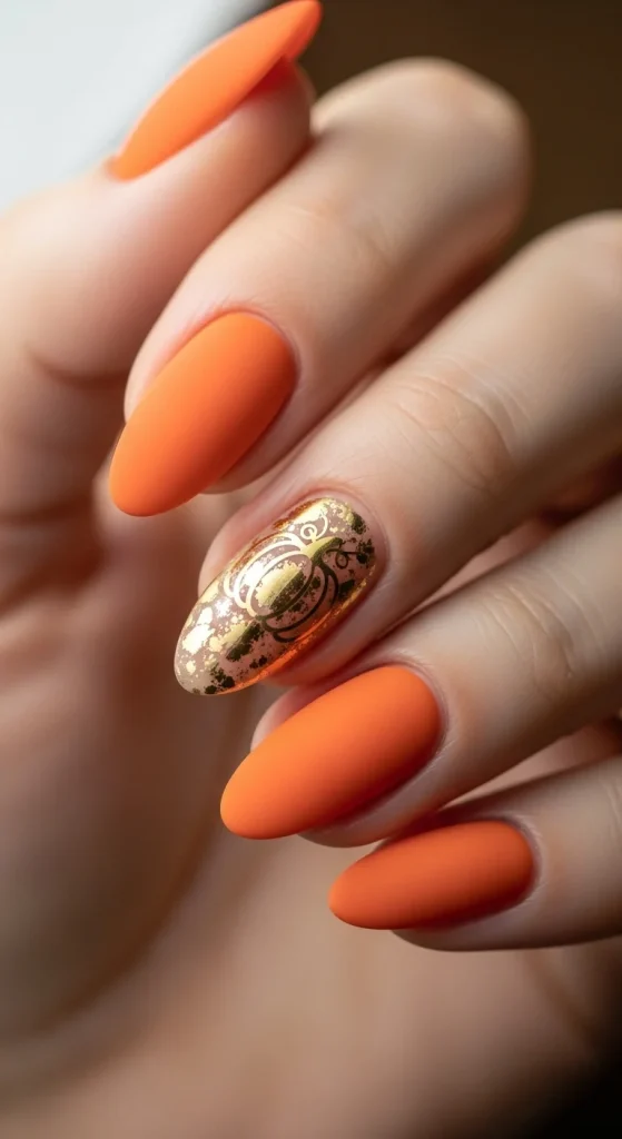 Matte orange nails with gold foil pumpkin accent.