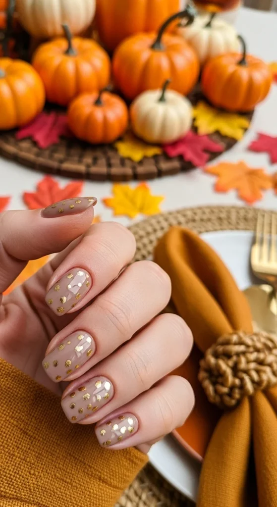 Taupe nude nails with shimmering gold foil dots against autumn table decor.