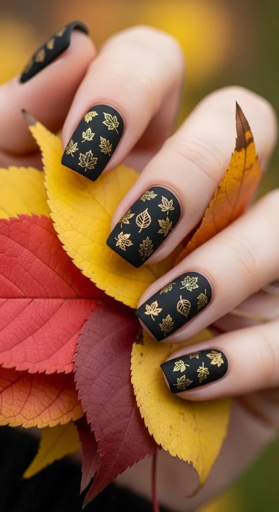 Black Fall Nails 2026: 19 Trendy Designs You’ll Love 5 Black nails with gold leaf foil accents.