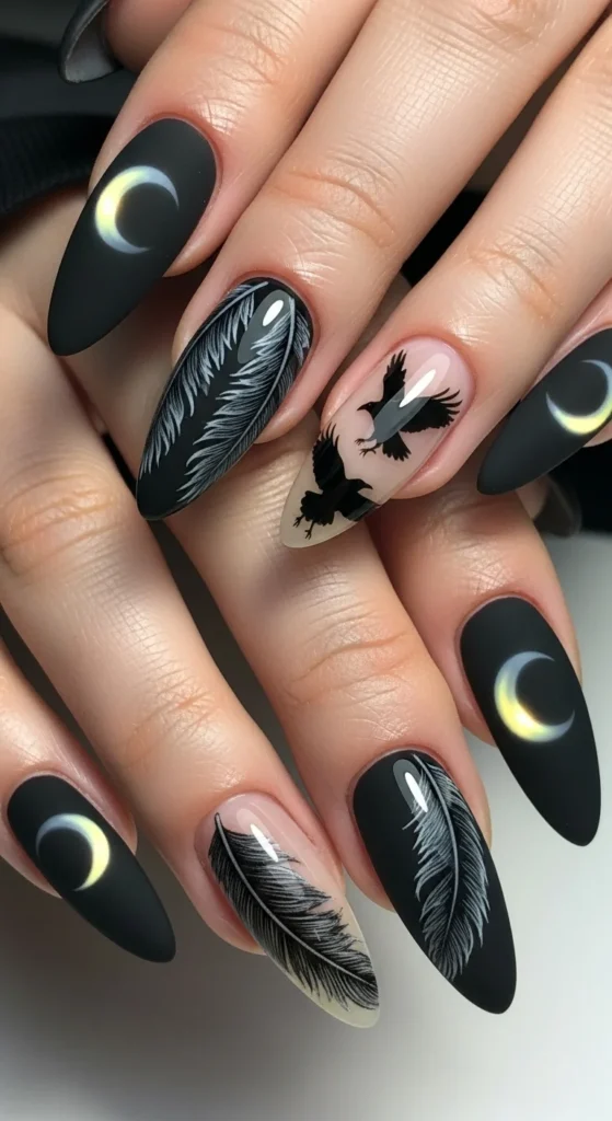 Black nails with feather textures and raven silhouette nail art.