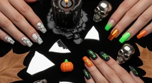 Halloween October nails designs with cracked porcelain, neon glow tips, pumpkin chrome, and rune accents on a moody velvet flat-lay.