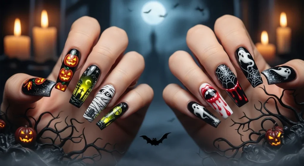 Halloween nail designs 2025 featuring pumpkins, skeleton chrome, mummy wraps, and vampire blood drip nail designs.