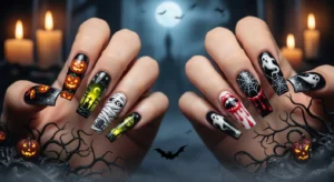 Halloween nail designs 2025 featuring pumpkins, skeleton chrome, mummy wraps, and vampire blood drip nail designs.