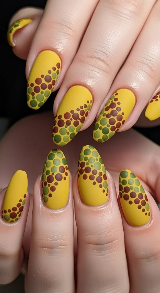 Mustard yellow nails with olive and chestnut dotted details.