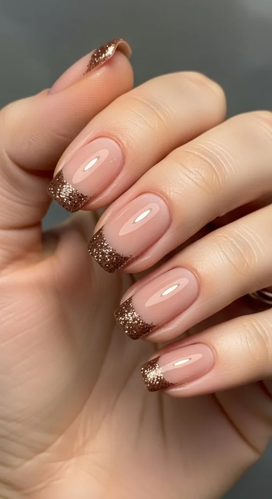 Nude nails with hazelnut-brown glittery French tips