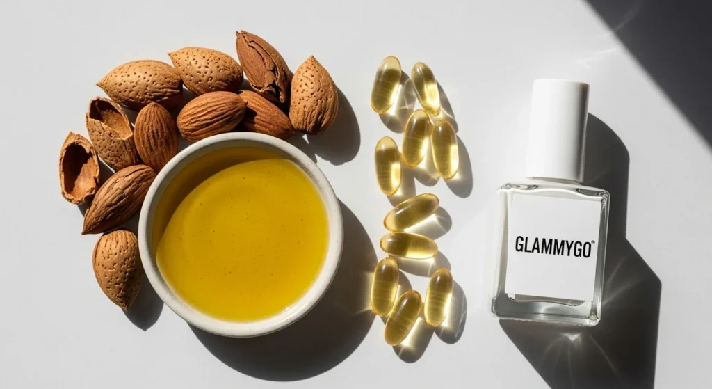 Clean Ingredients: Safest Nail Strengtheners to Use in 2026 2 A clean editorial flat-lay: a small ceramic dish with argan oil, a scattering of almonds, biotin capsules, and a clear nail polish bottle with “GLAMMYGO” label. Soft daylight, spa-like aesthetic, crisp focus on textures.