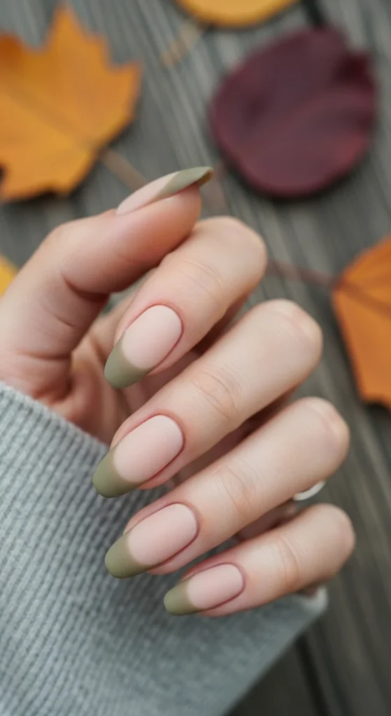 Khaki matte French fade nails, chic fall 2025 manicure.
