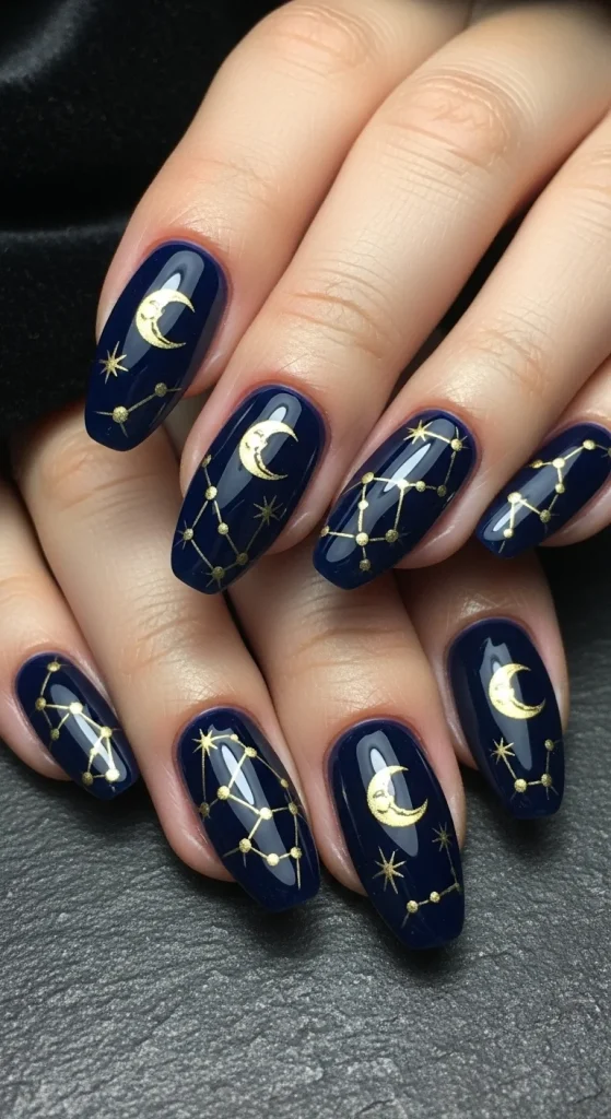 Lunar witch nails featuring deep midnight hues with silver moon phases, stars, and mystical shimmer accents, creating an enchanting celestial Halloween look.