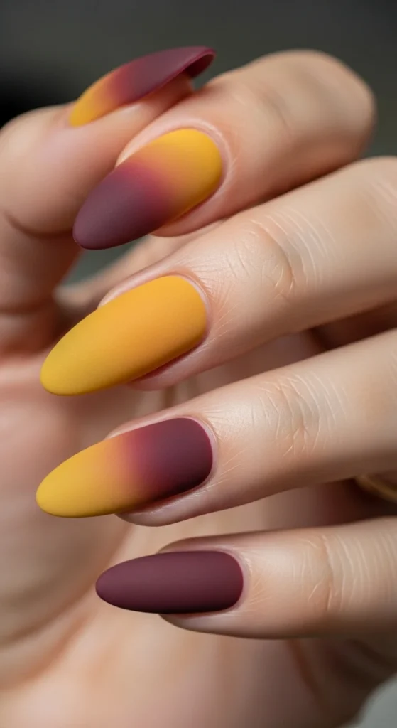 25 Fall Matte Nails 2026 | Trendy Autumn Colors & Velvet Chic Ideas 16 Matte ombré nails fading from golden yellow to burgundy.”