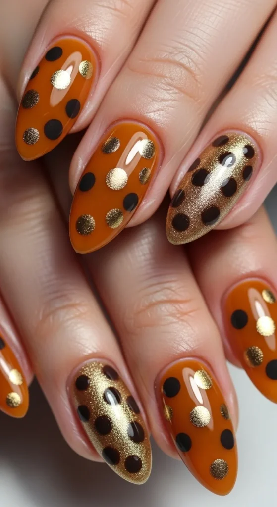 : Caramel amber nails with scattered espresso and gold polka dots.