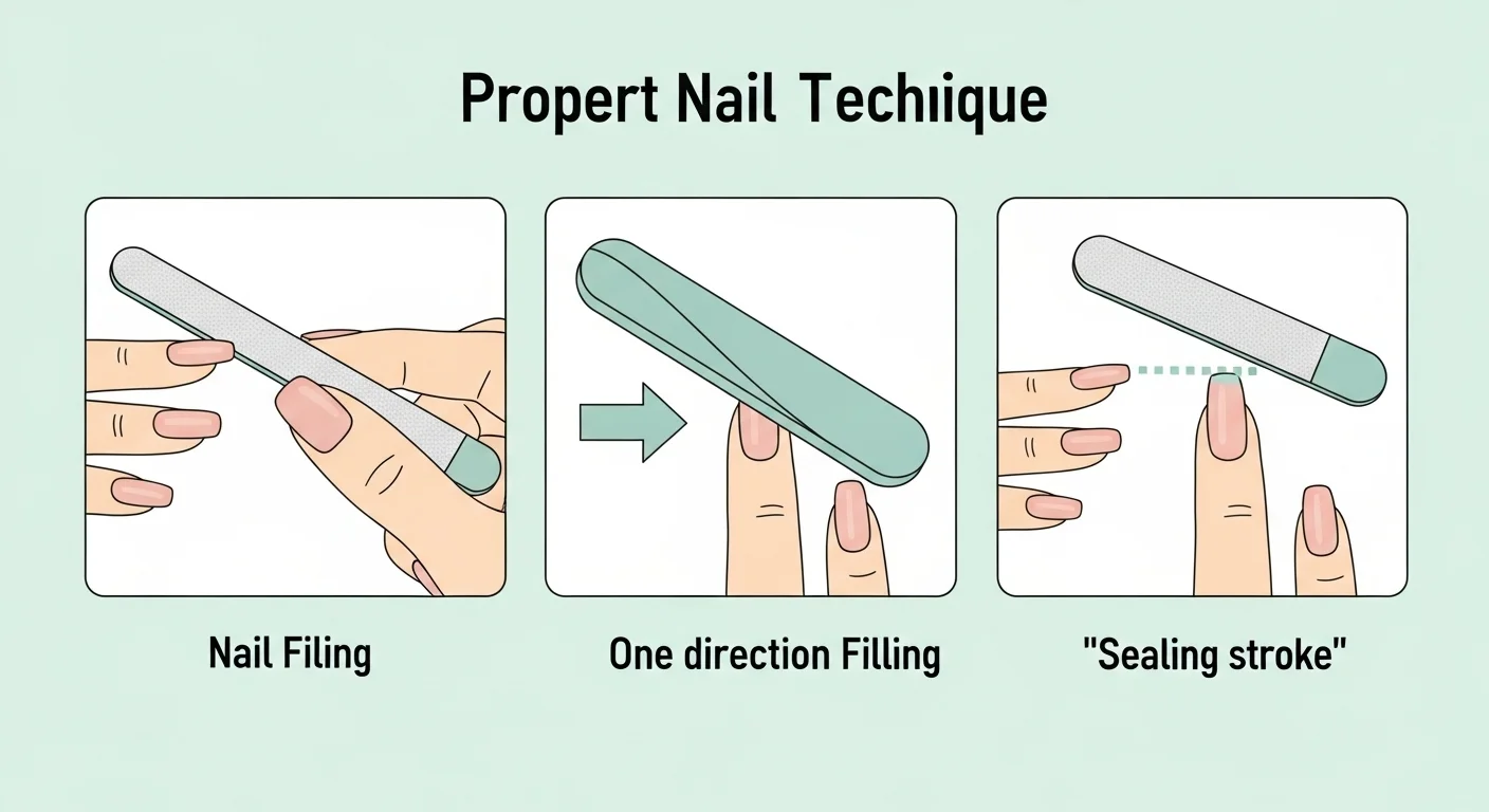 Beginner’s Guide: How to File & Shape Nails Safely (2026 Edition) 3 A nail file held at a shallow angle against the free edge, filing in one direction toward the centre