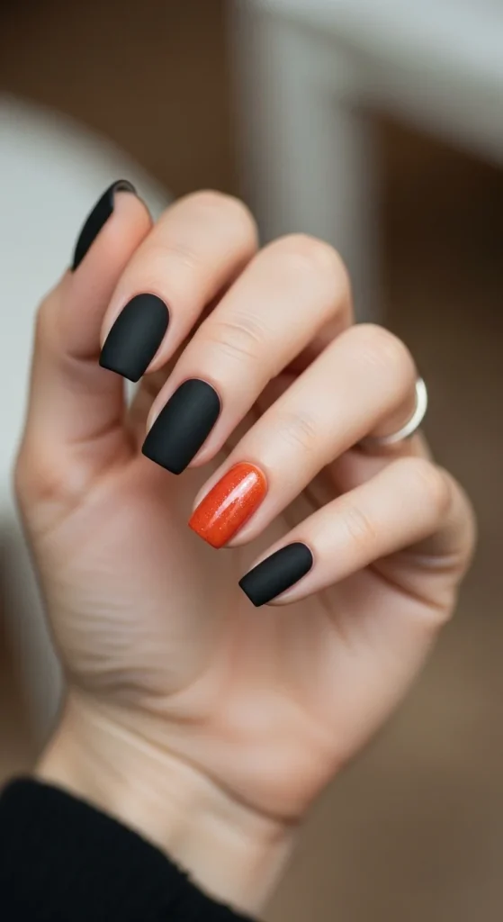 Matte black nails with a single bright pumpkin accent.