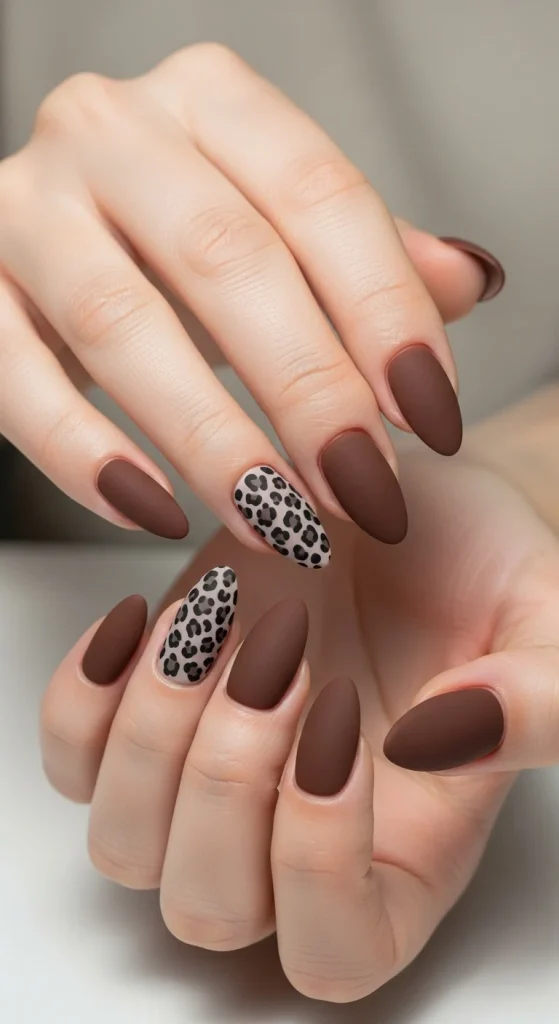 Matte cocoa leopard print nails perfect for cozy fall looks.