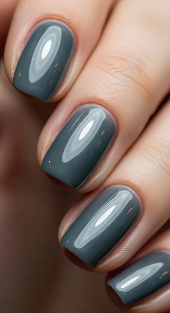 Metallic ash-grey oval nails.