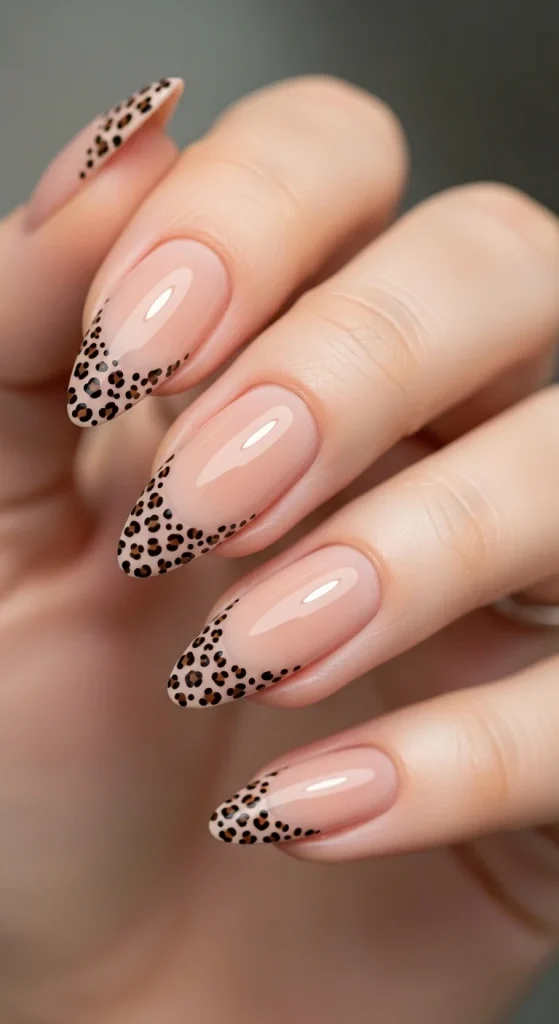 Nude nails with micro leopard French tips for a subtle fall look.