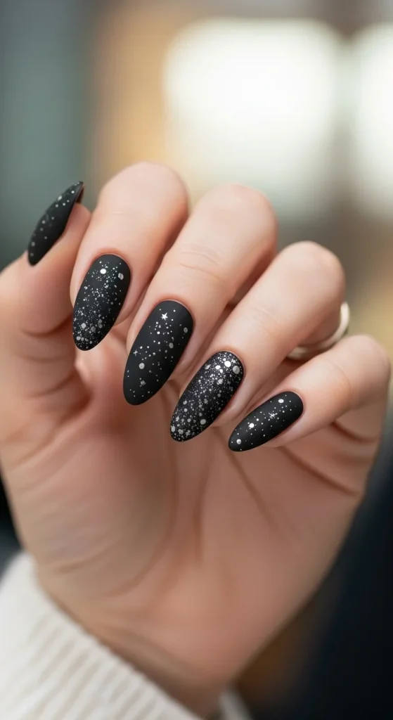 25 Fall Matte Nails 2026 | Trendy Autumn Colors & Velvet Chic Ideas 11 Matte black nails with silver starry speckles.