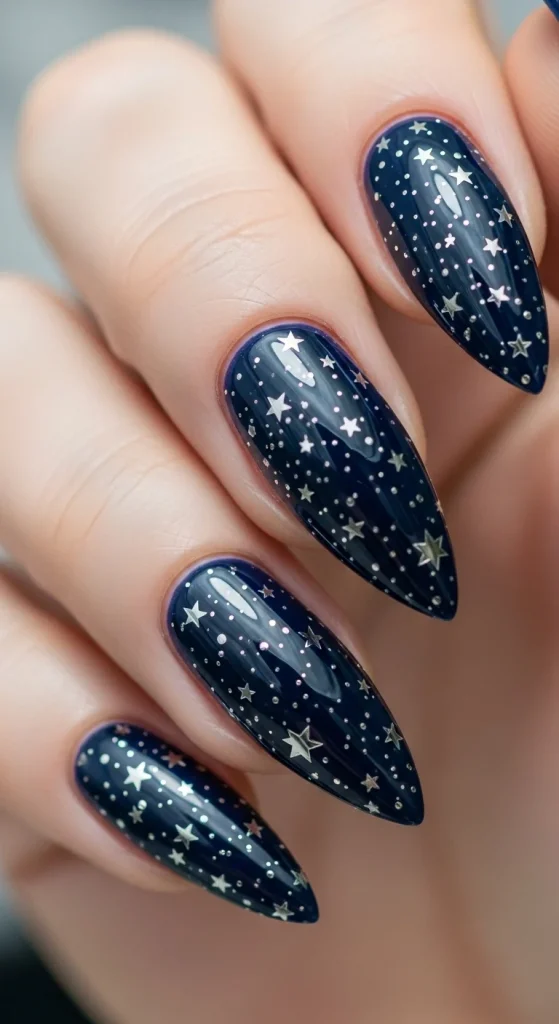 Midnight navy galaxy stiletto nails, fall nail trend 2025.
