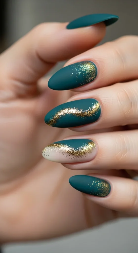 25 Fall Matte Nails 2026 | Trendy Autumn Colors & Velvet Chic Ideas 26 Matte midnight teal nails with gold sparkle accents.