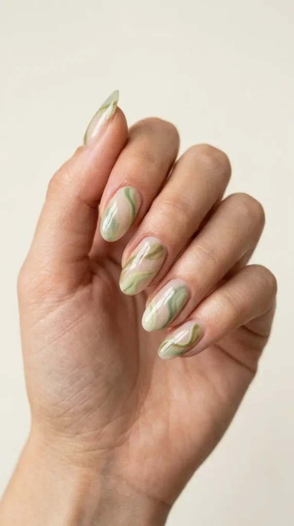 September Nails Inspiration: 13 Must-Try Manis That Scream Summer’s Final Glow 8 Milky matcha marble swirl nails with soft green waves on a sheer base
