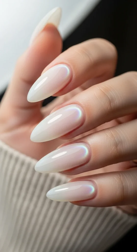 Milky white pearl aura nails, elegant fall 2025 manicure.